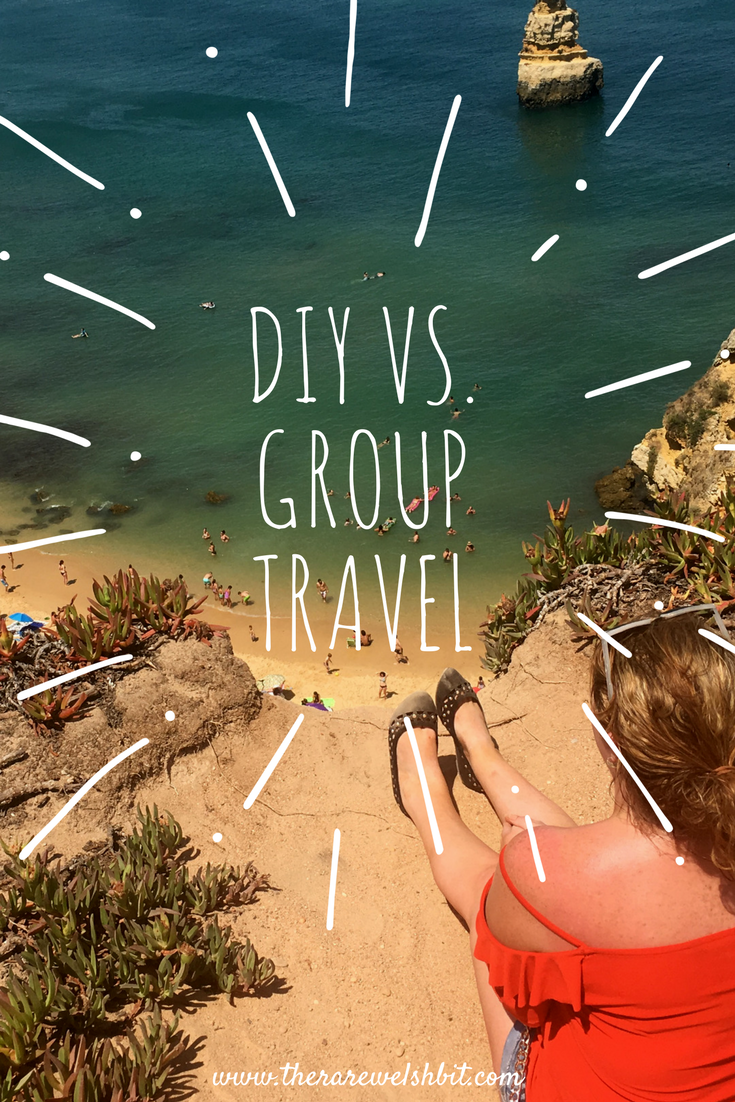 'DIY vs. Group Travel' and a girl sitting on the edge of a cliff overlooking a beach