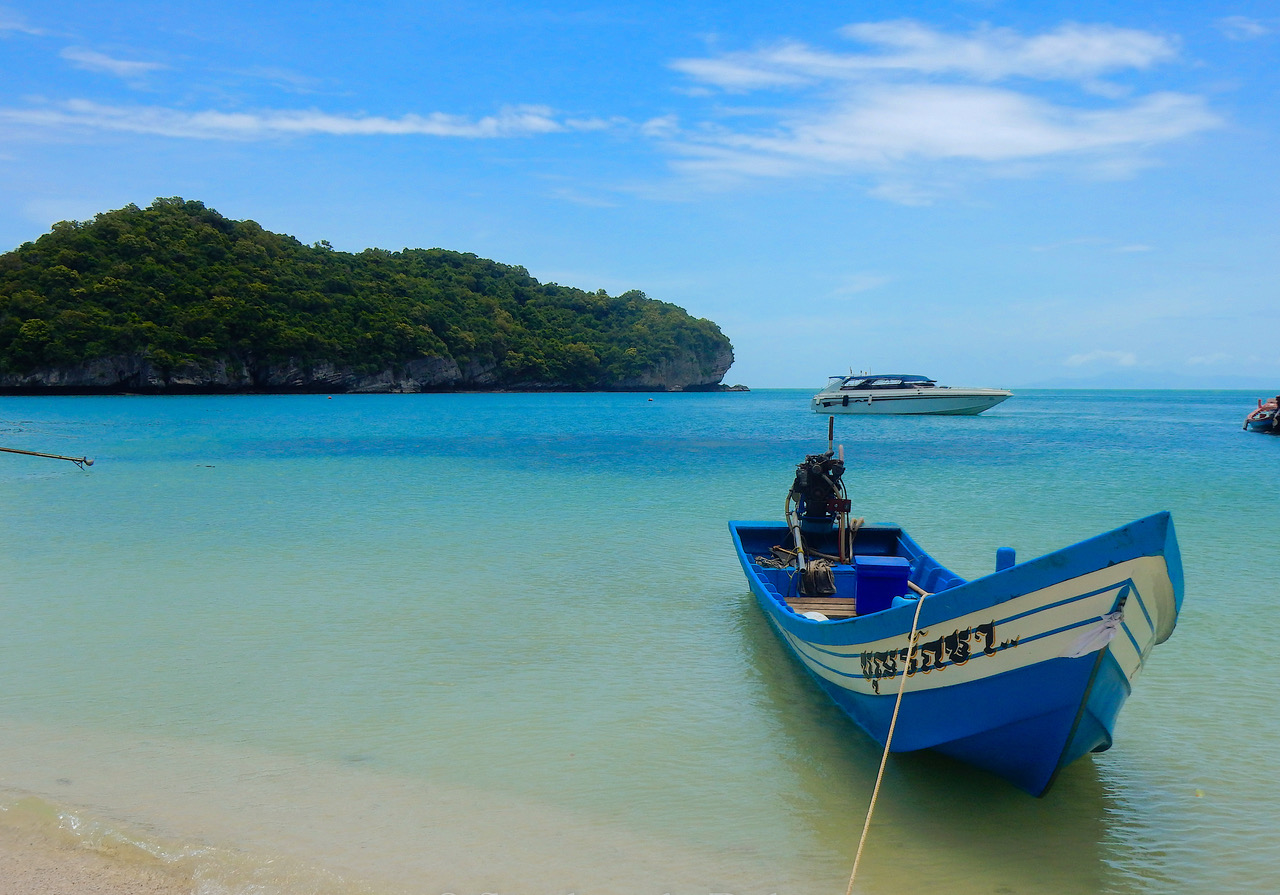 A fishing boat anchored on the water at Koh Samui, Thailand