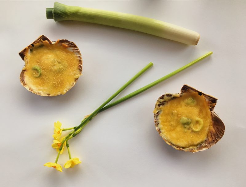 St. David's Day recipe for Coquilles St. David, arranged next to a leek and baby daffodils