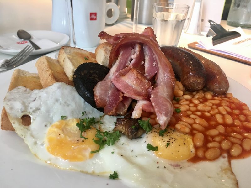 Large Full English breakfast with two eggs, baked beans, bacon, toast, black pudding and sausages