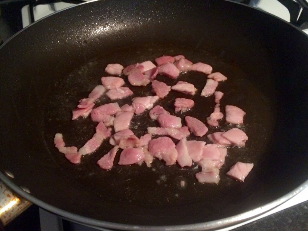 Frying the bacon lardons