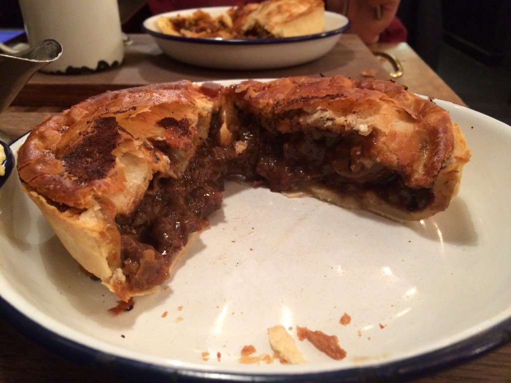 Mistle Moo pie, cut in half to expose filling