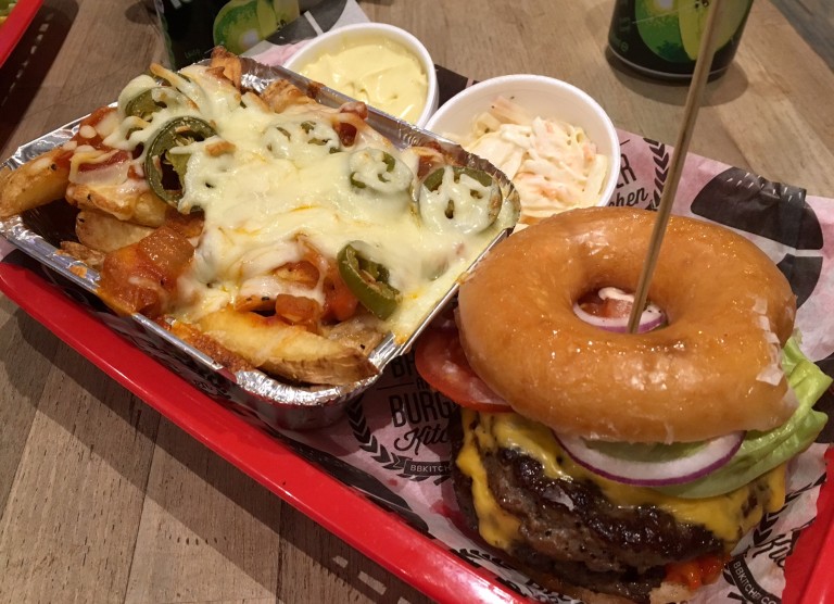 Krispy Kreme burger and salsa, cheese and jalapeno-topped fries