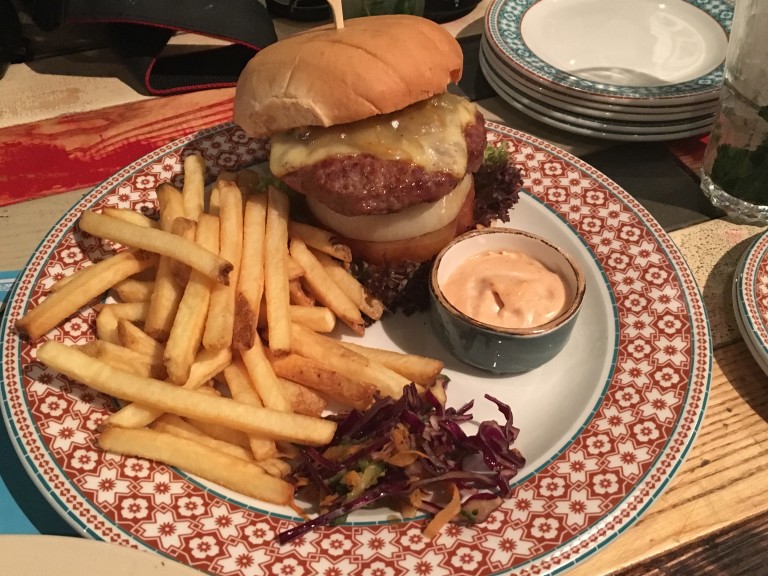 Pork and chorizo burger, fries and rum mayo