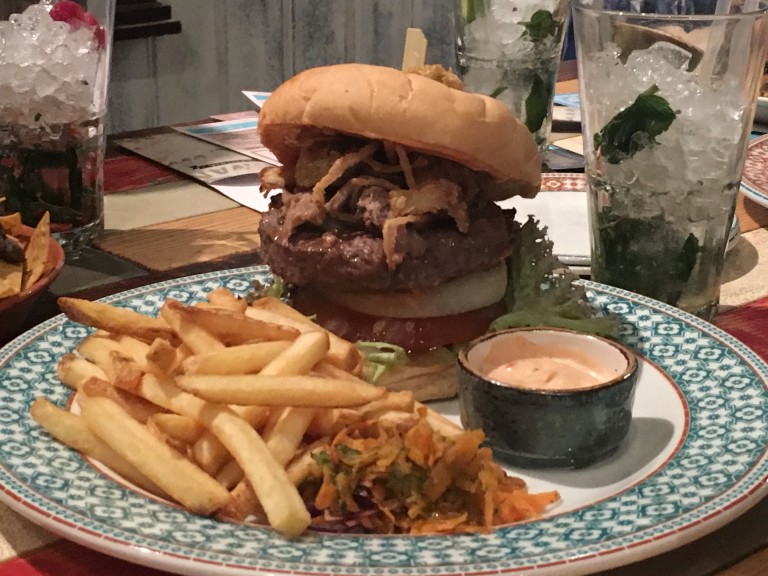 Beef brisket and jalapeno burger, fries and slaw