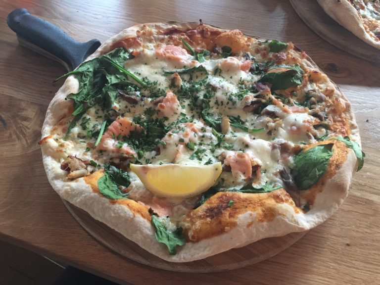 Salmon and mackerel-topped pizza at The Stable, Cardiff