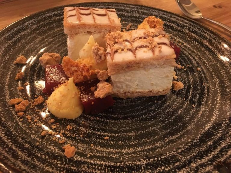 Vanilla slice with thick custard, jam and honeycomb
