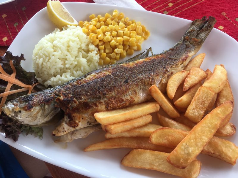 Seabass, chips and rice