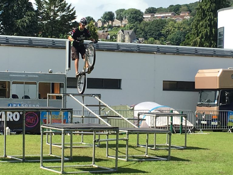 Mountain bike stunt display at Big Welsh Bite 2017 in Pontypridd, Rhondda