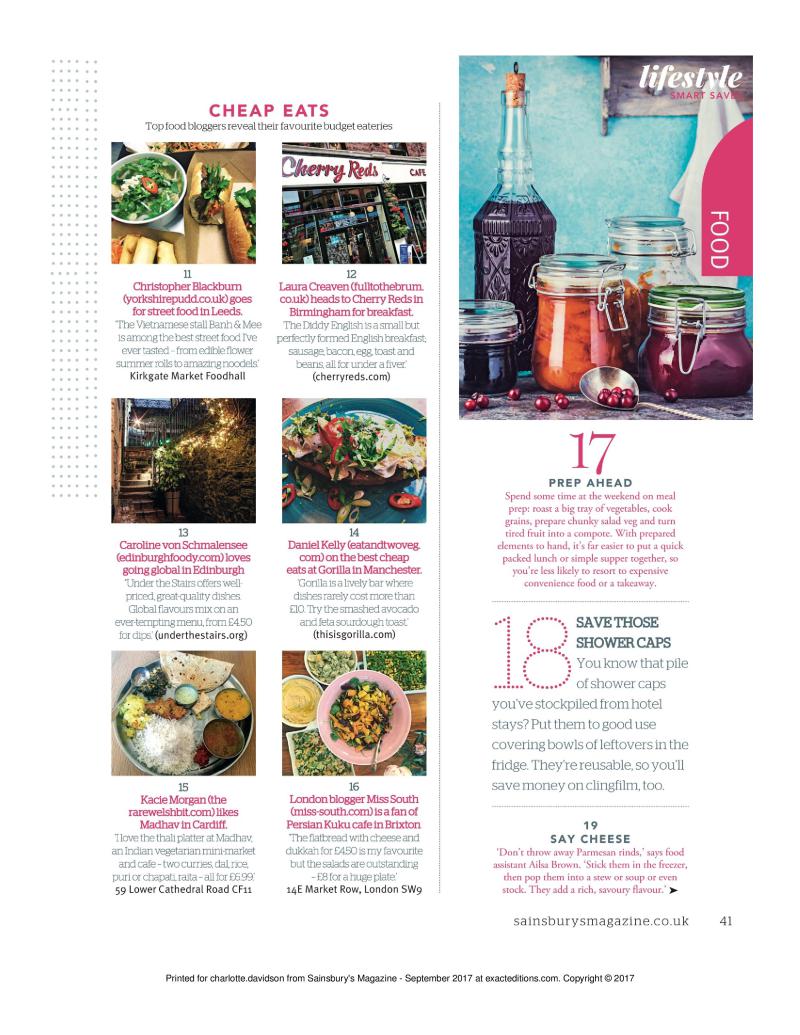 Cheap eats feature in Sainsbury's Magazine (Food writing)