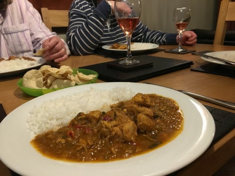 Eating dinner at our table in our lodge in Bluestone Wales