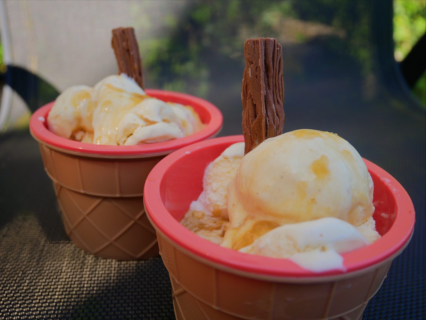 One of the desserts in the Welsh three-course dinner menu - vanilla ice cream with Halen Mon salted caramel sauce