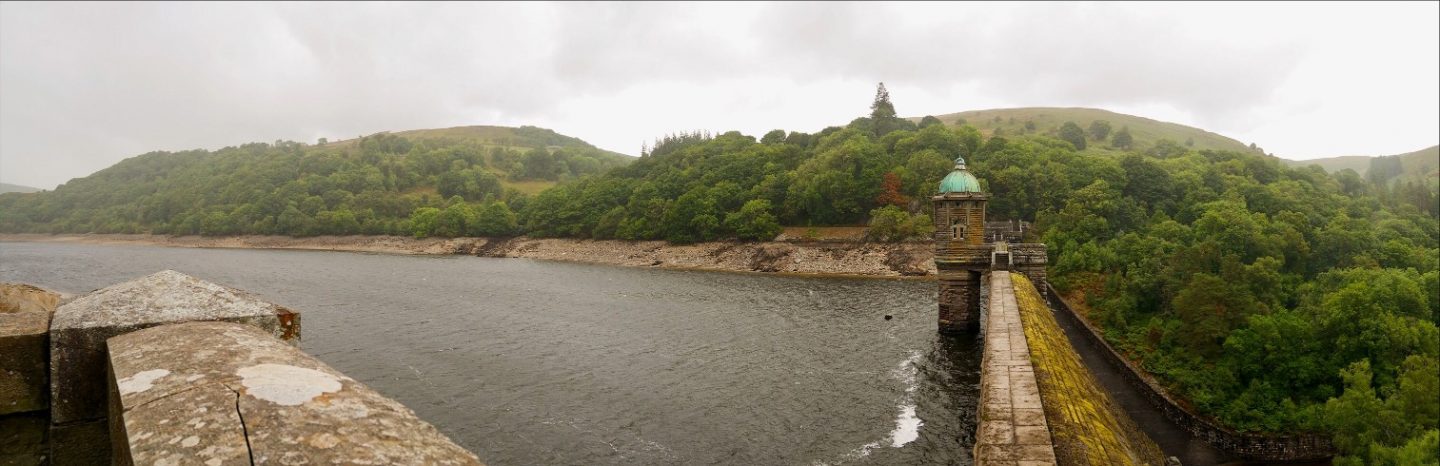 Panoramic view over the Elan Valley dams