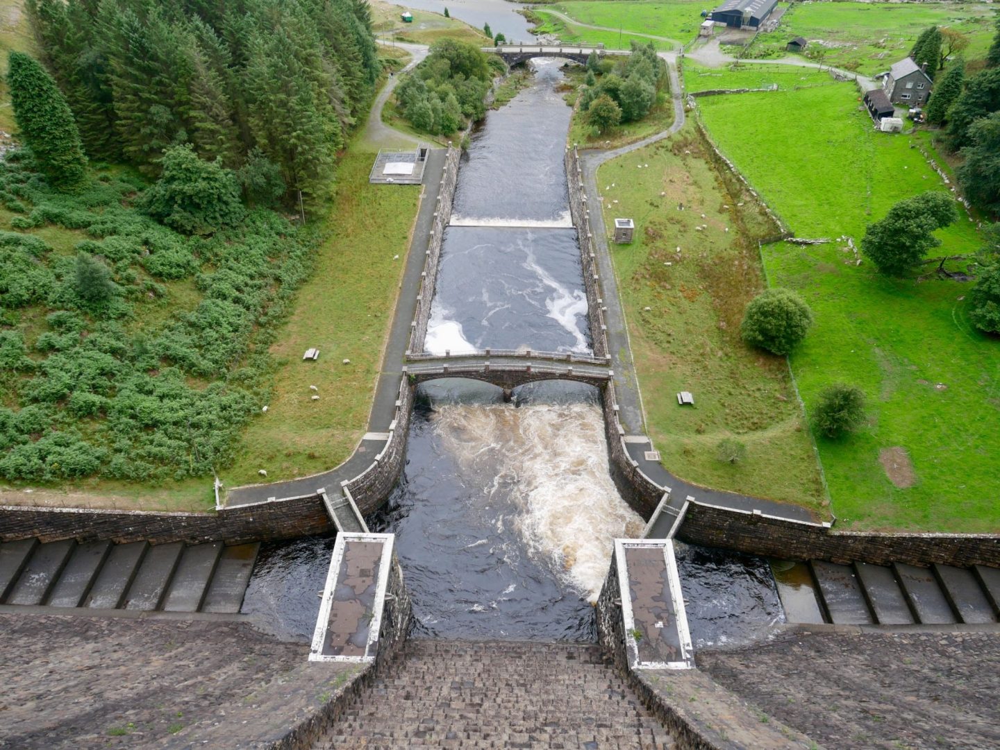 View looking down from the Claerwen Dam in the Elan Valley