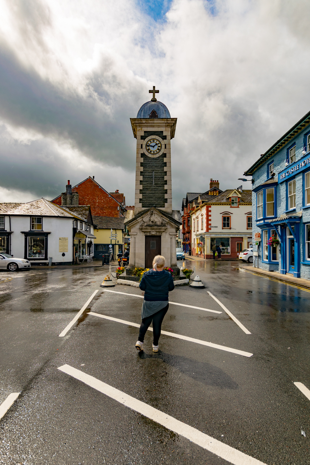 Stood in front of the clock tower in Rhayader, Mid Wales