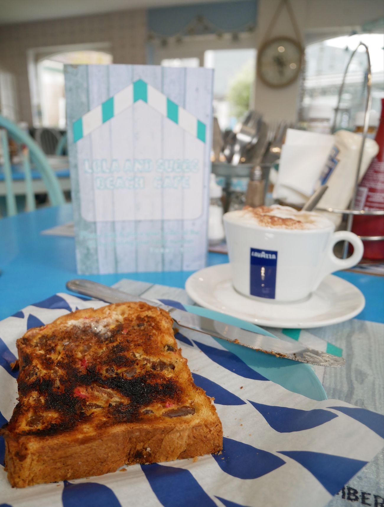Toasted Welsh bara brith and cappucino at Lola and Suggs Beach Cafe in Talacre, north east Wales