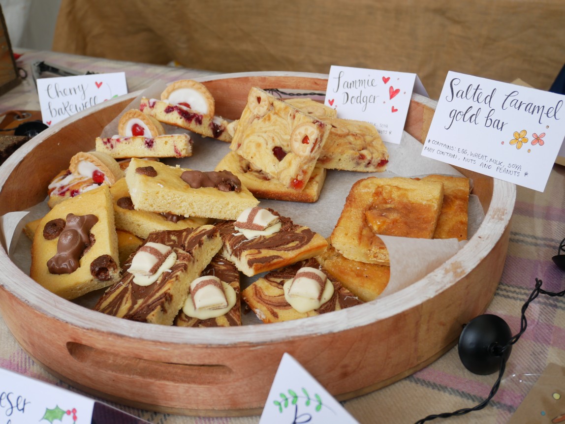 Assorted bakes and cookies on a round tray
