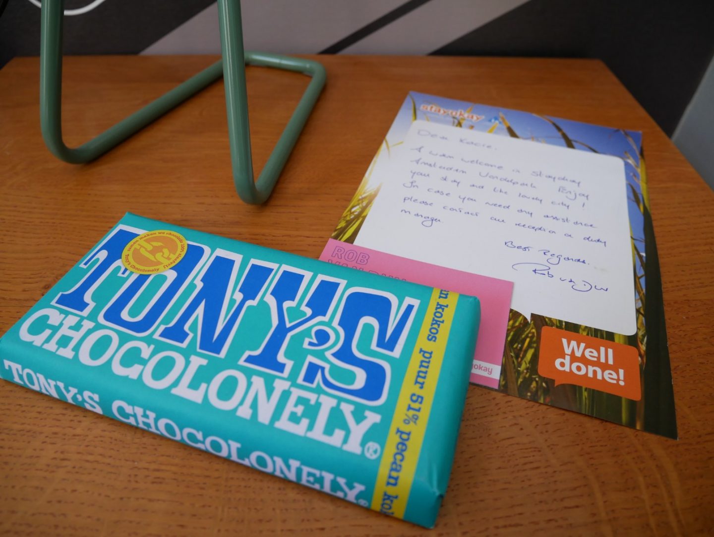 Complimentary Tony's Chocolonely fair trade chocolate at Stayokay Amsterdam Vondelpark in a Comfort Room.