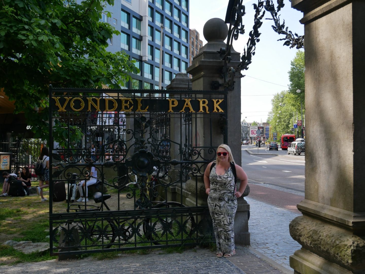 Standing at the entrance gate to Vondelpark in Amsterdam Oud-West
