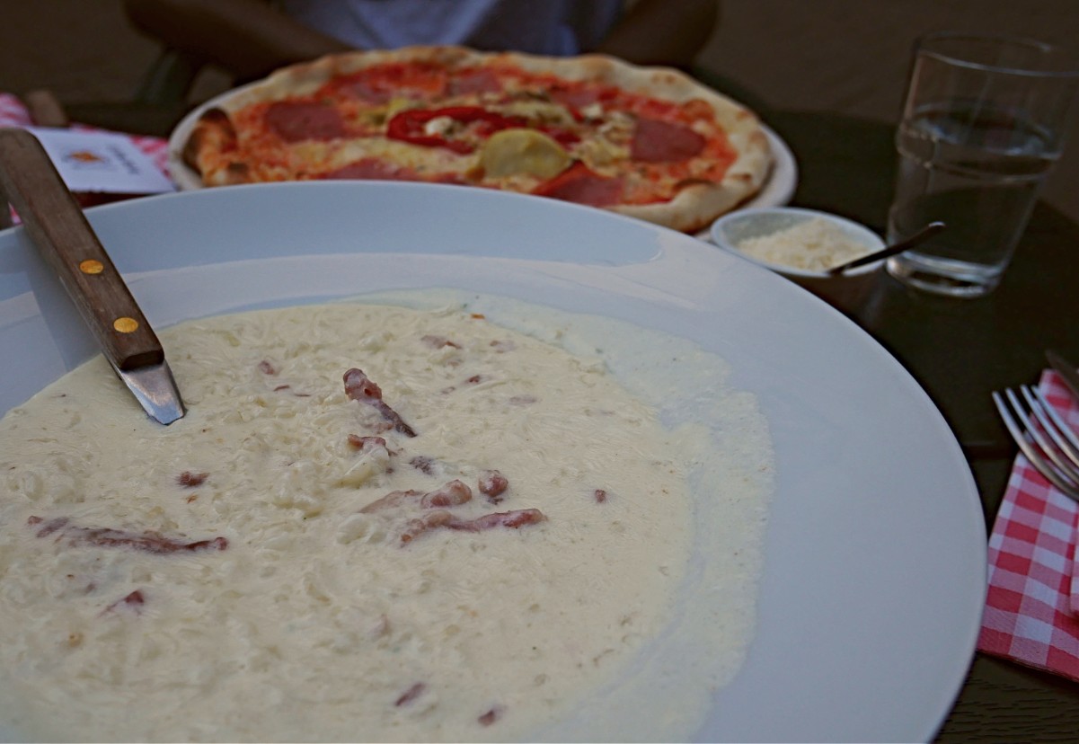 Carbonara risotto at Porto Carrara Italian restaurant in Amsterdam, near Vondelpark