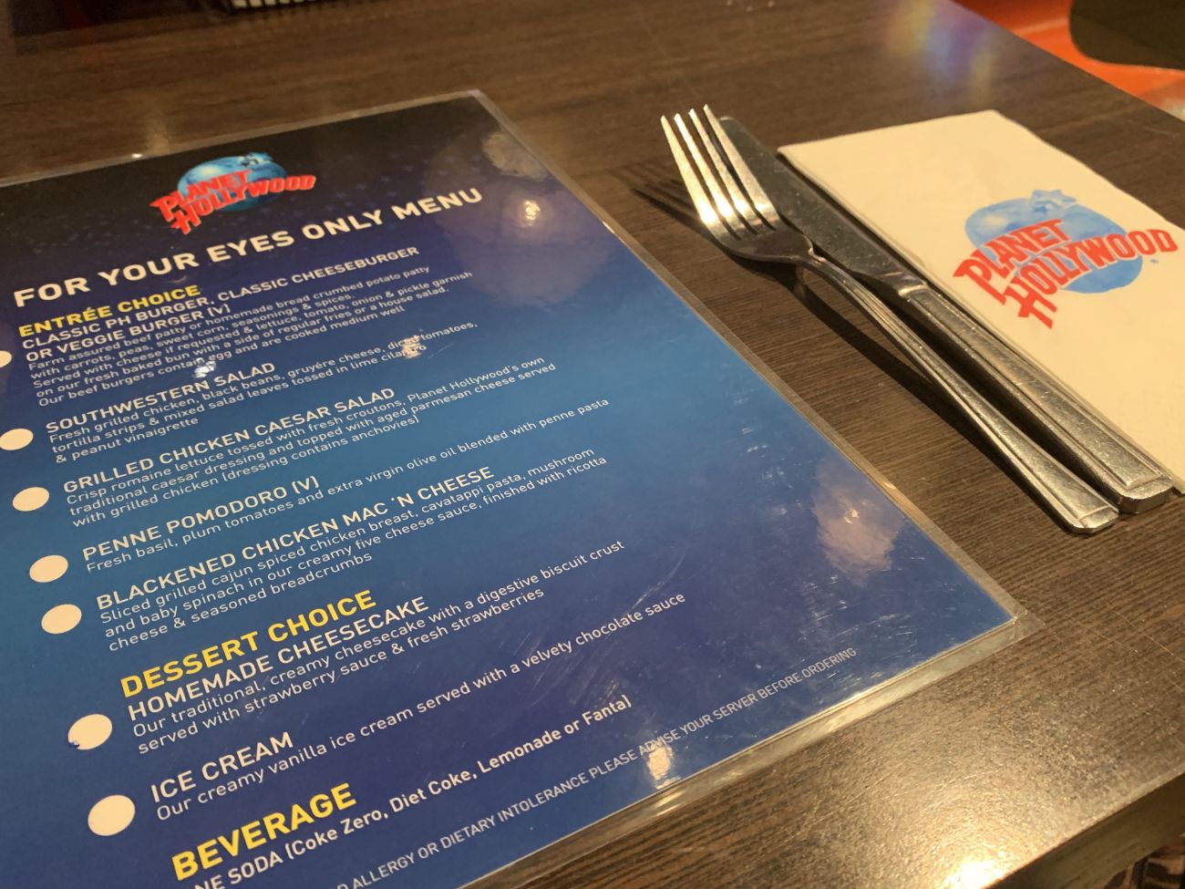 Madame Tussauds and Planet Hollywood For Your Eyes Only Menu