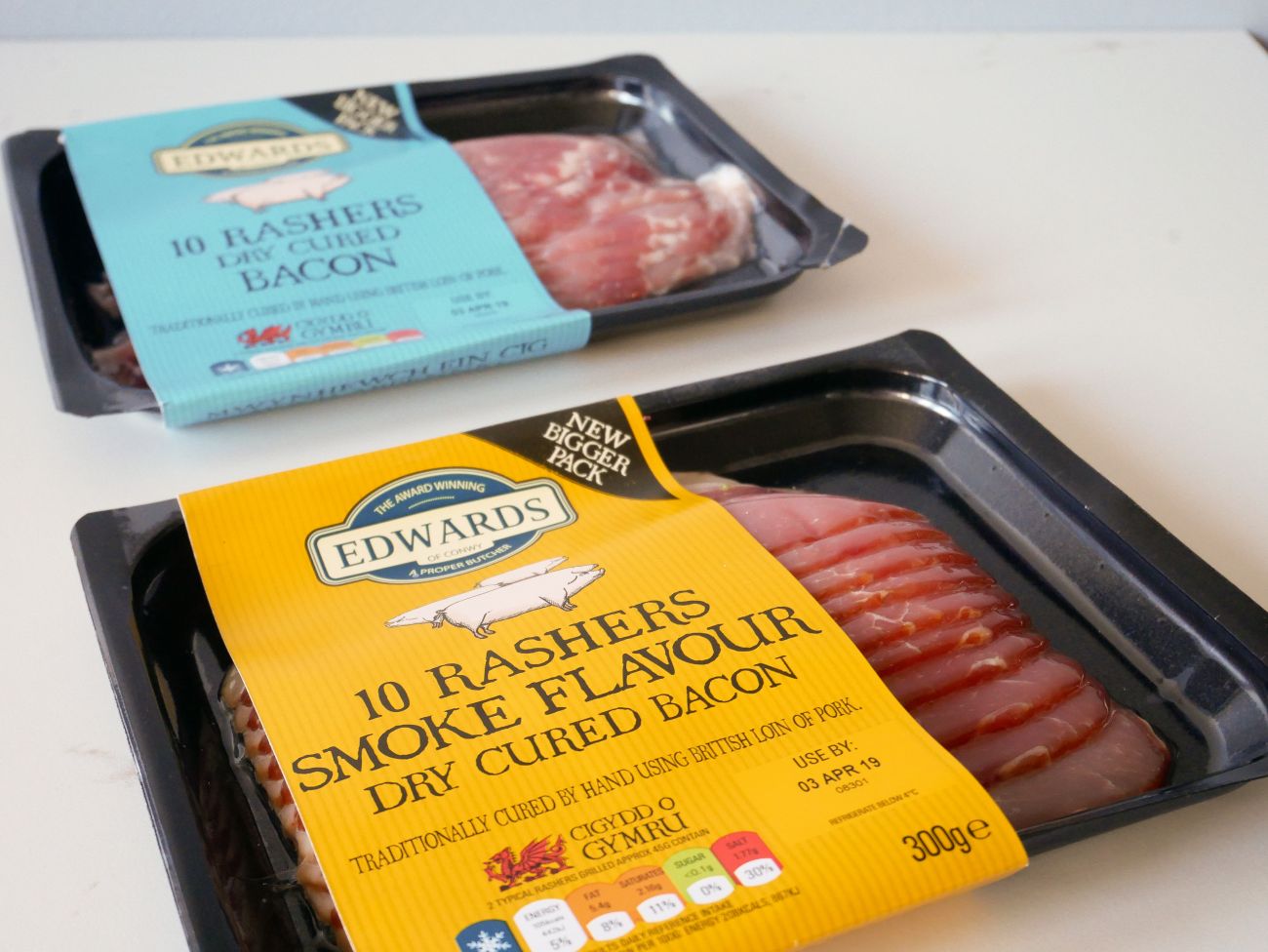 Edwards of Conwy bacon; dry cured smoked and unsmoked.
