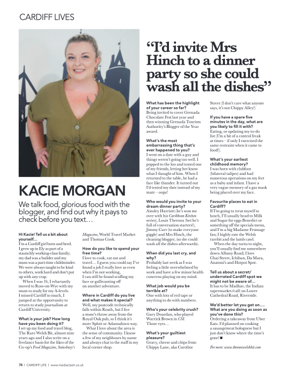 UK Food and Travel blogger, Kacie Morgan is interviewed for Cardiff Life Magazine's Cardiff Lives feature.