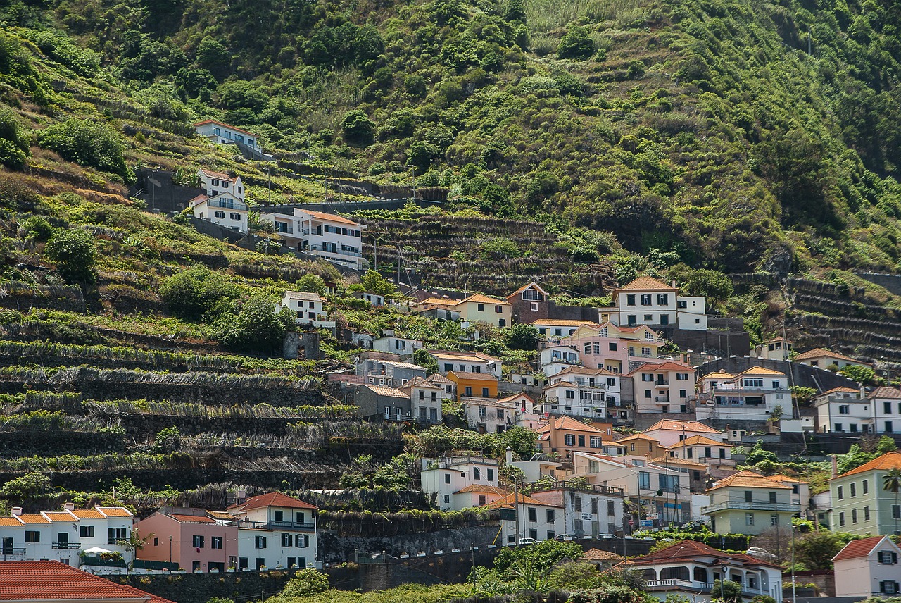 Quaint houses stretched across a sloping valley in Madeira, Portugal.