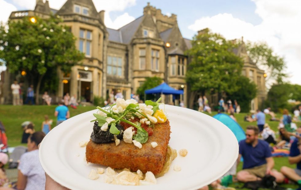 Salt beef croquette on a plate, overlooking Cardiff's Insole Court