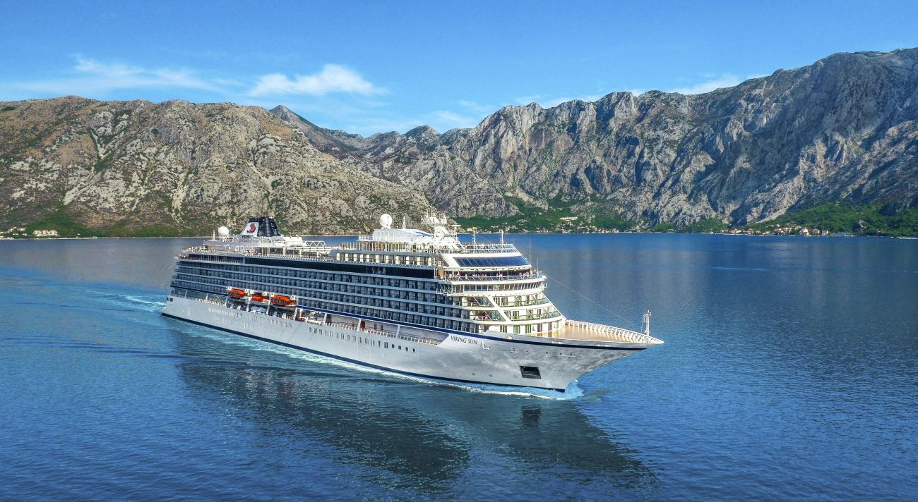 Viking Cruises' ocean cruiseliner, The Viking Sun, pictured in Kotor Bay in Montenegro.