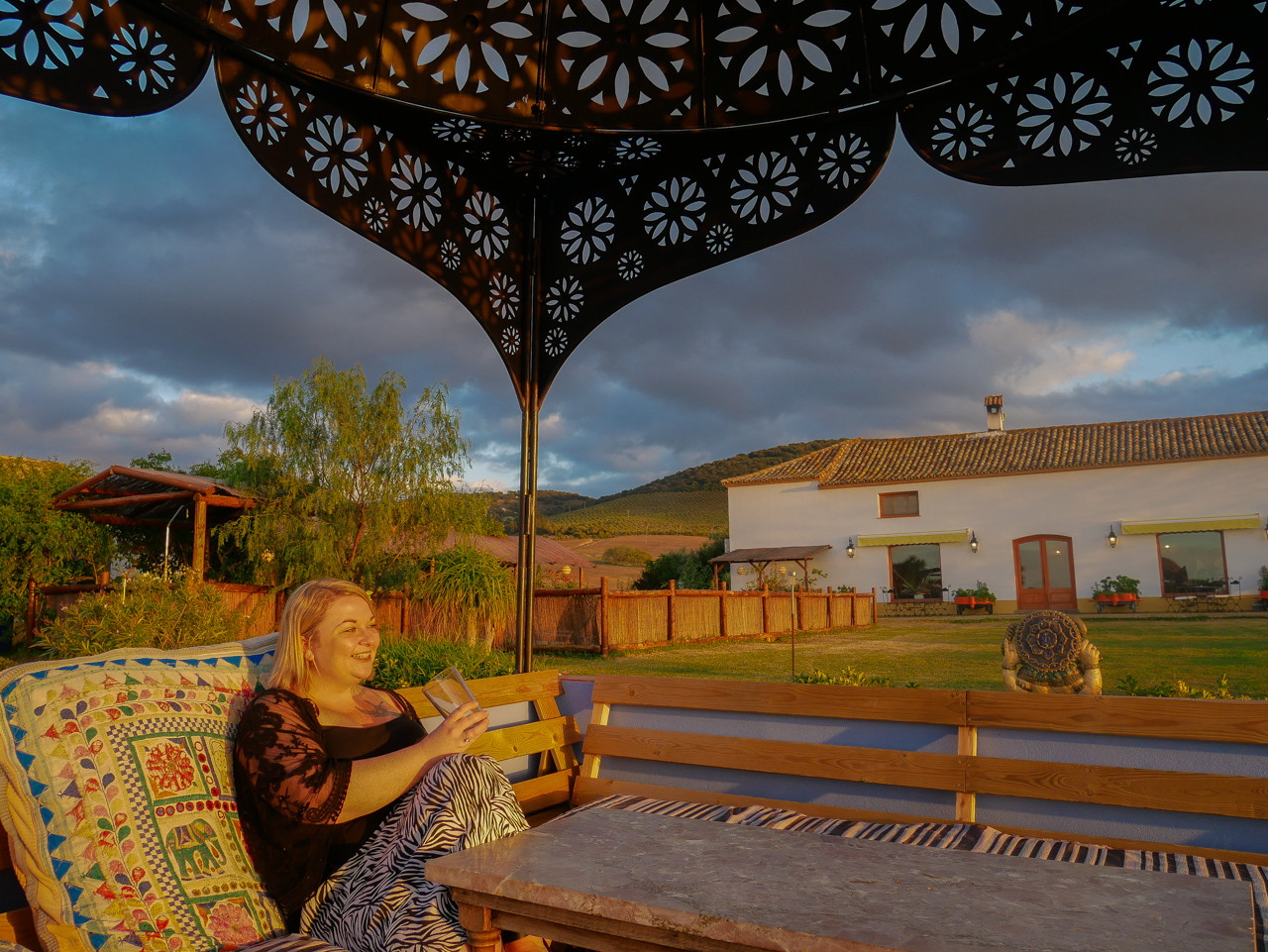 Admiring the views from the pagoda in Suryalila's gardens