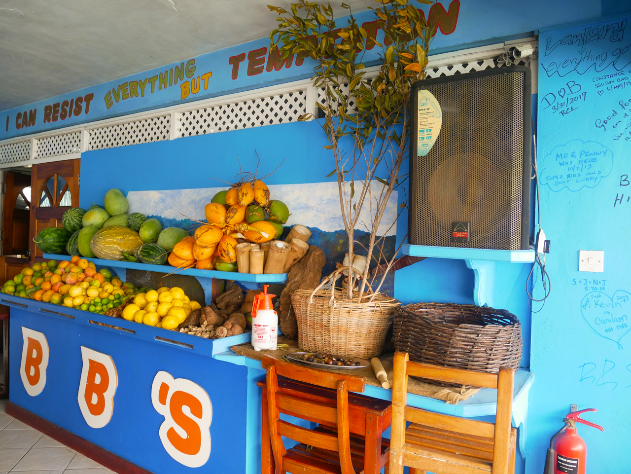 Fresh fruit on display in BB's Crabback, Grenada - an unusual (yet not impossible) destination for nomad travel.