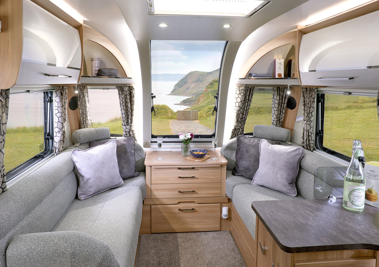 The interior lounge in a Raymond James Caravan, made by Bailey of Bristol.