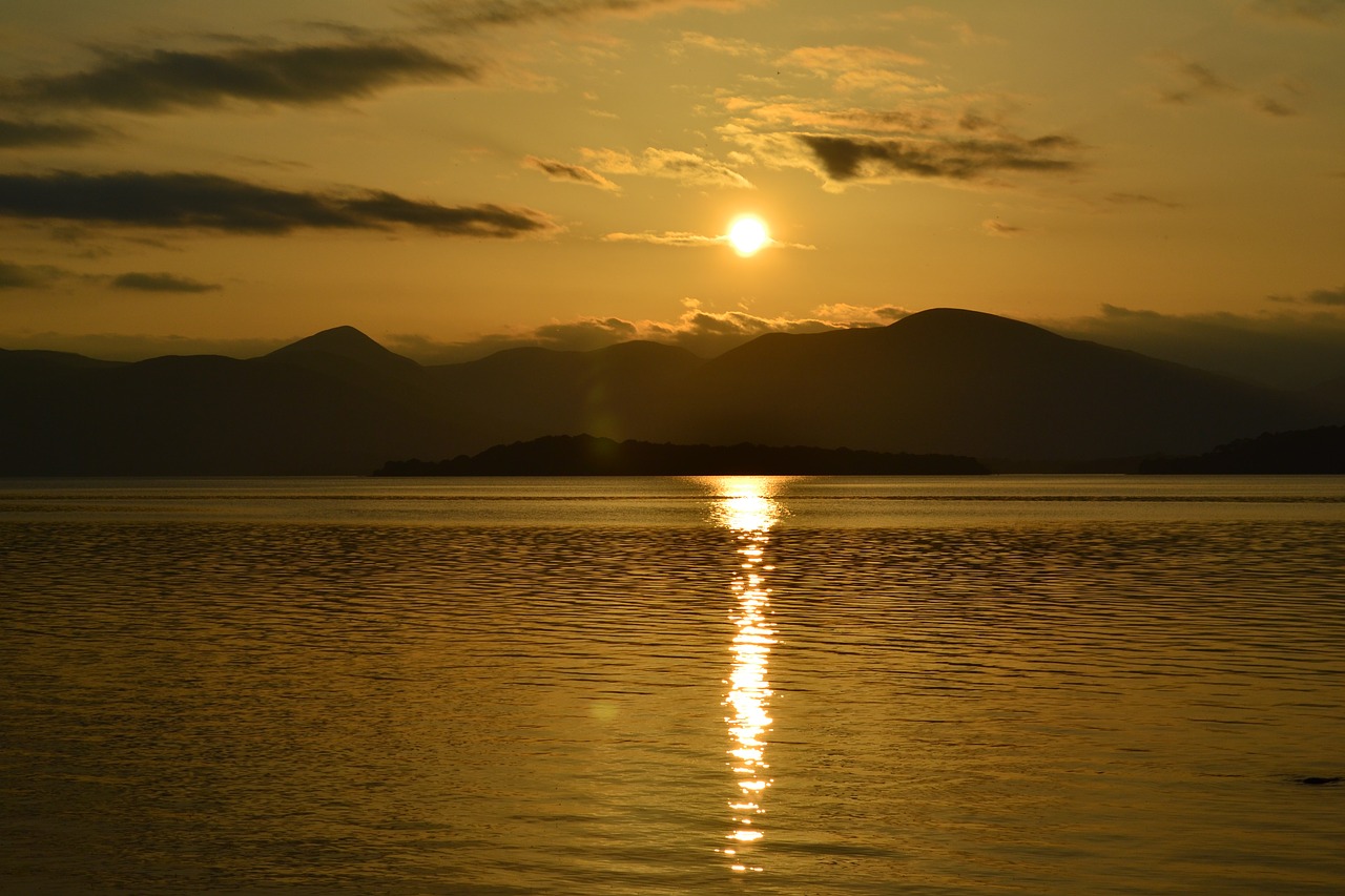 Loch Lomond, a natural beauty spot in Scotland, UK, pictured at sunset.