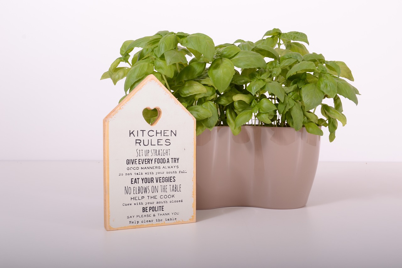 Indoor herb garden and a 'Kitchen Rules' sign