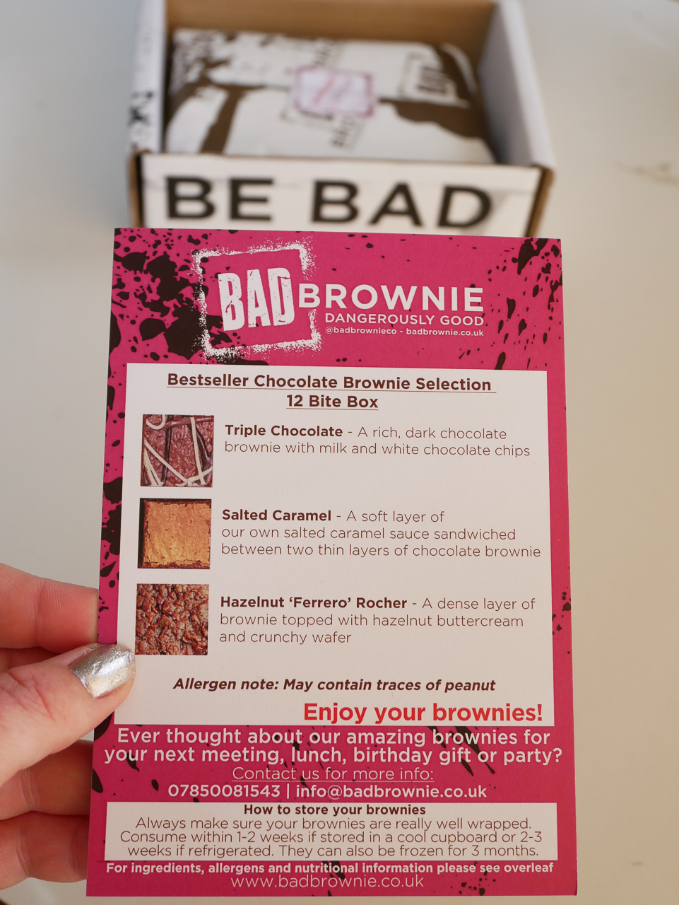 Bad Brownie information sheet and 'Be Bad' delivery box