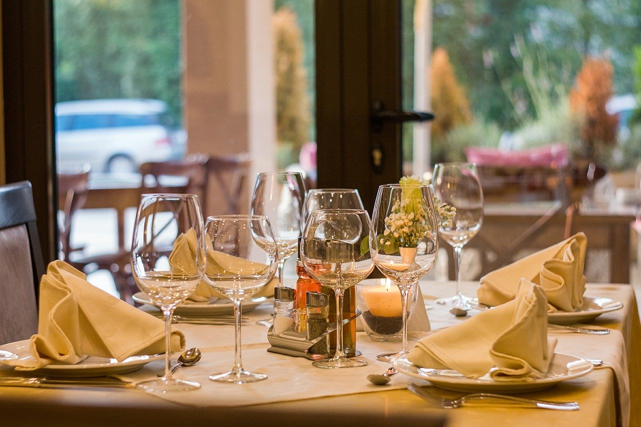 Wine glasses on the table at a dinner party