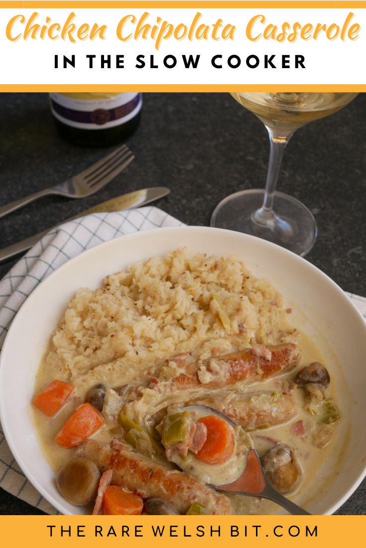 Creamy chicken sausage or chipolata casserole with celeriac mash