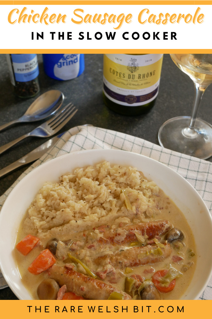Creamy chicken sausage or chipolata casserole with celeriac mash