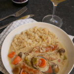 Creamy slow cooker chicken casserole made with chicken chipolatas and bacon