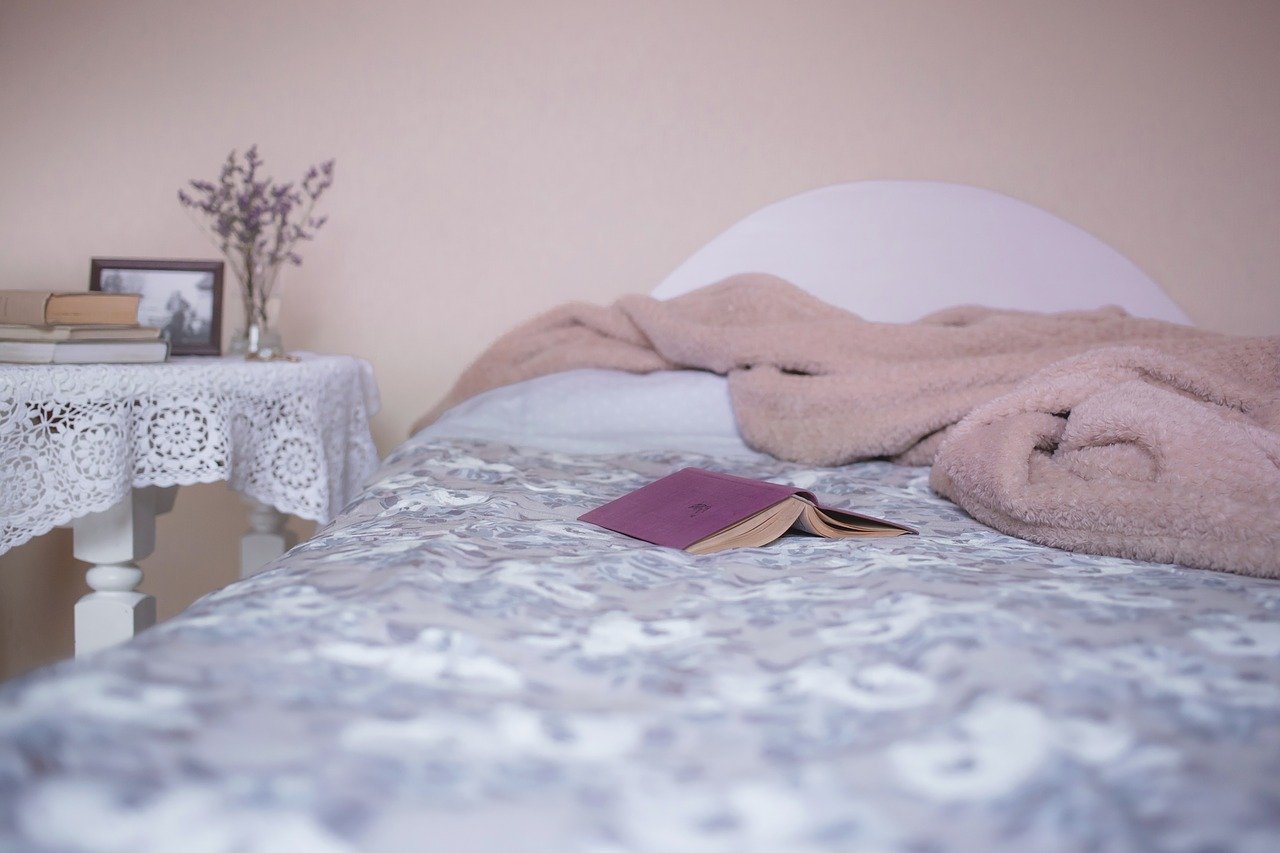 A book resting on a bed.