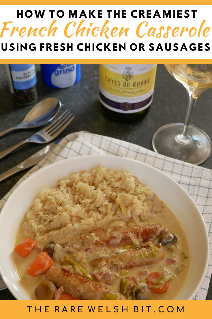 Creamy chicken sausage or chipolata casserole with celeriac mash