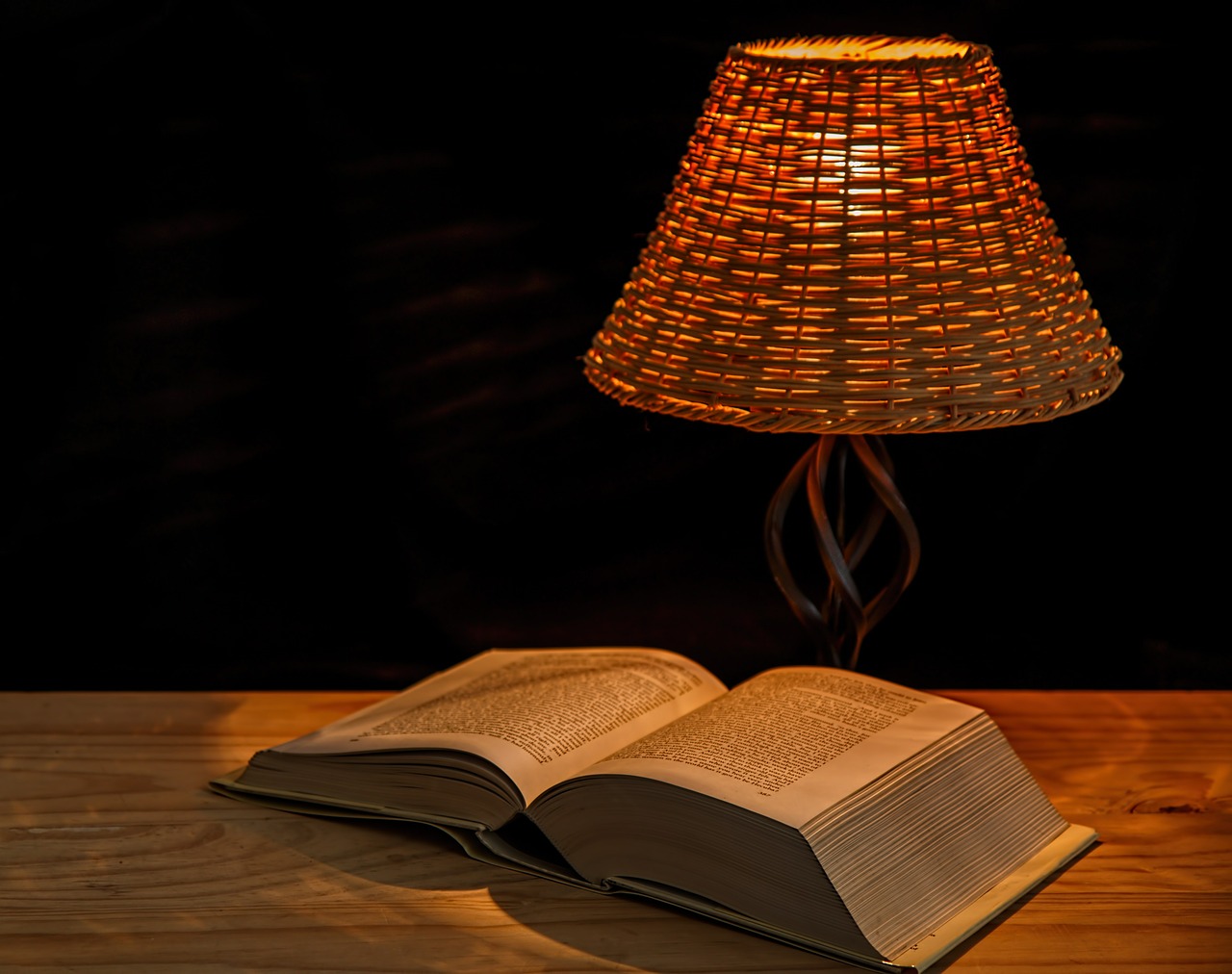 A lampshade next to an open book