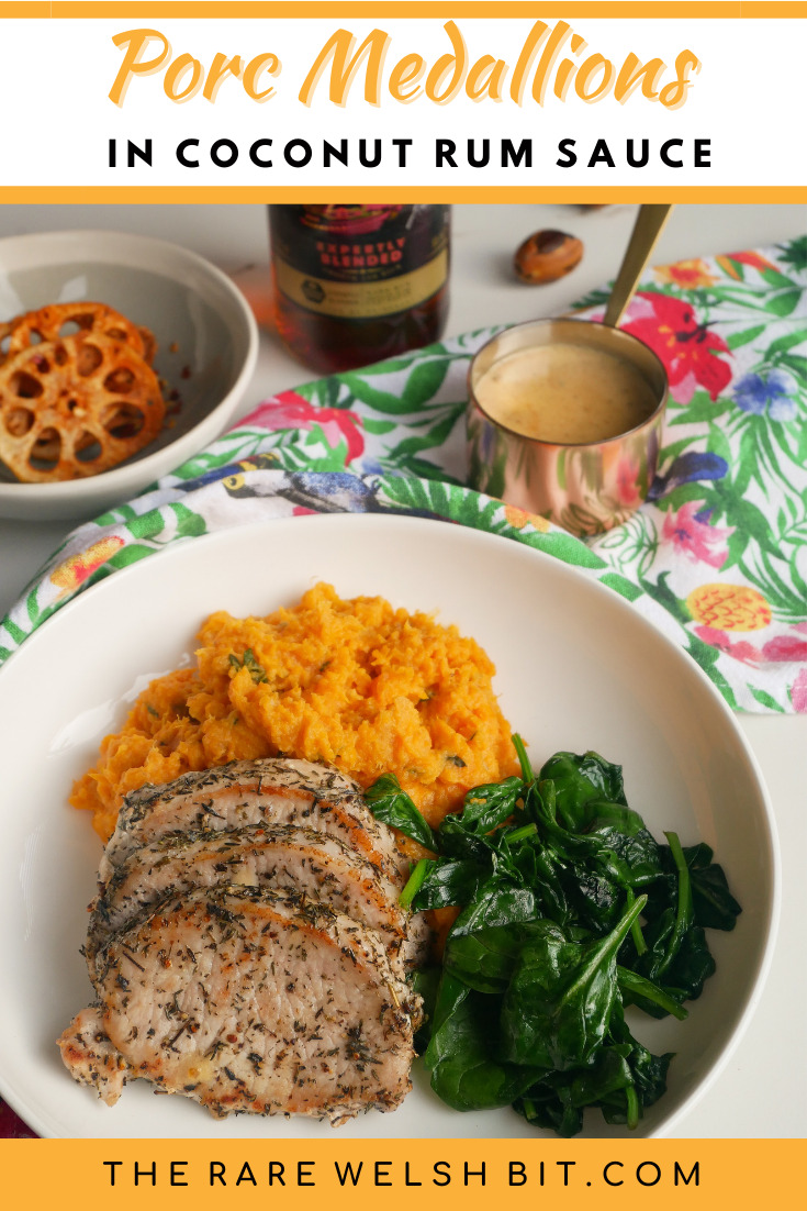 Porc medallions with coconut rum sauce and spinach, sweet potato mash and lotus root crisp