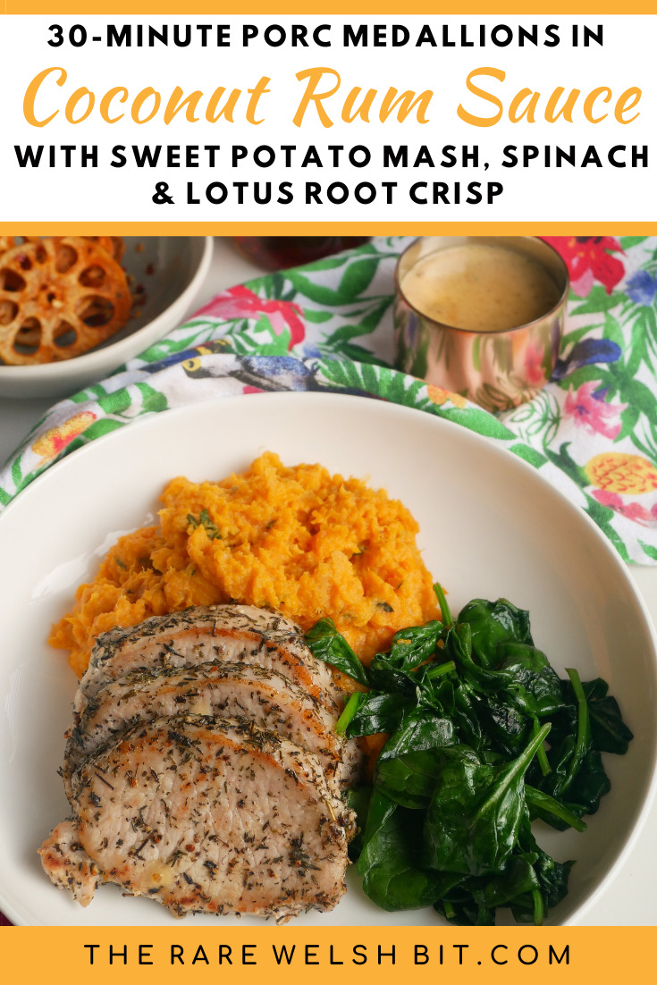 Porc medallions with coconut rum sauce and spinach, sweet potato mash and lotus root crisps