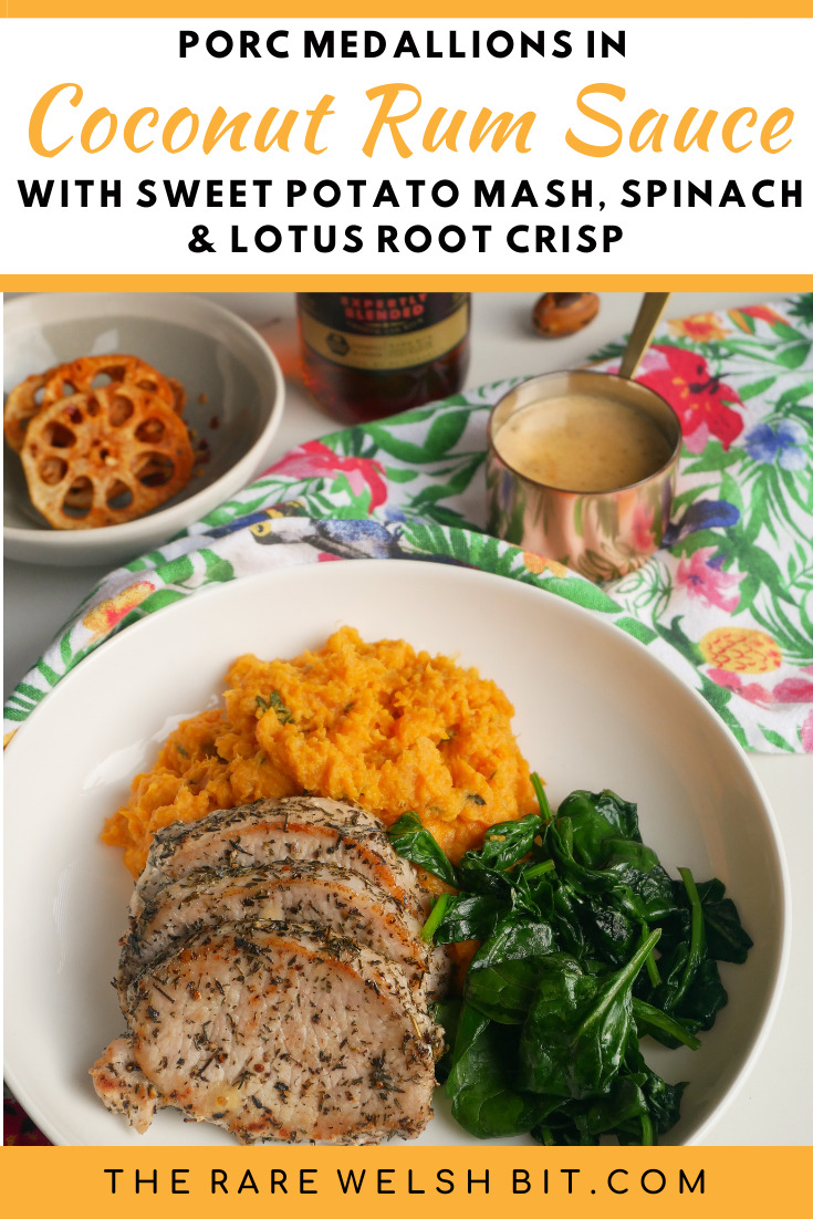 Porc medallions with coconut rum sauce and spinach, sweet potato mash and lotus root crisp