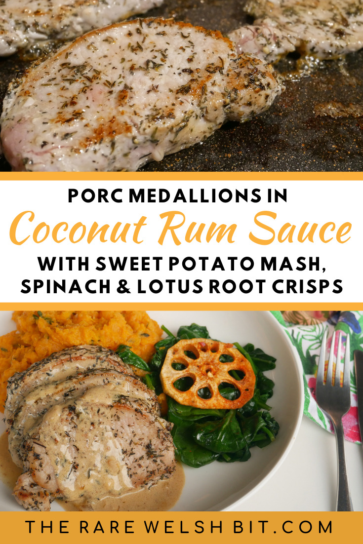 Porc medallions with coconut rum sauce and spinach, sweet potato mash and lotus root crisp