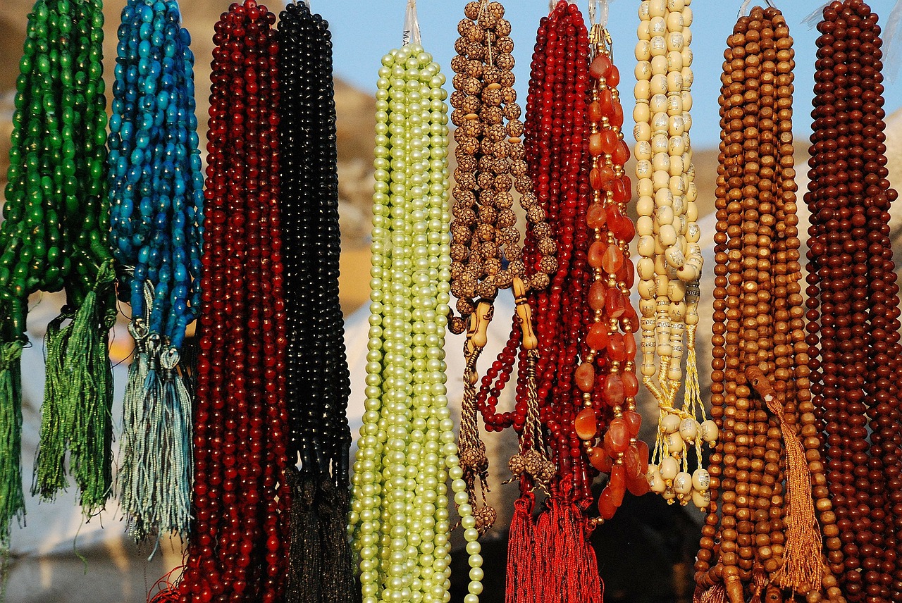 Beaded necklaces hanging up