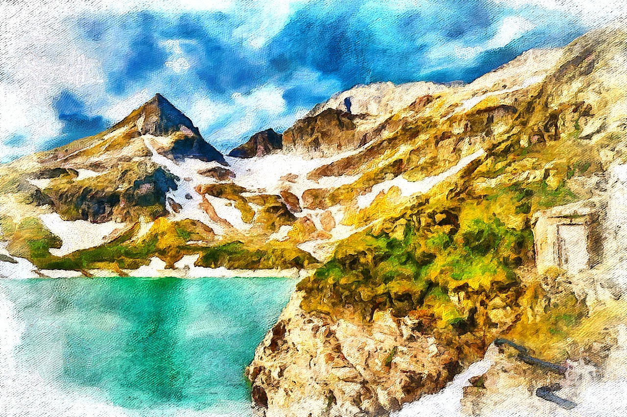 A canvas print of a mountain and lake landscape.
