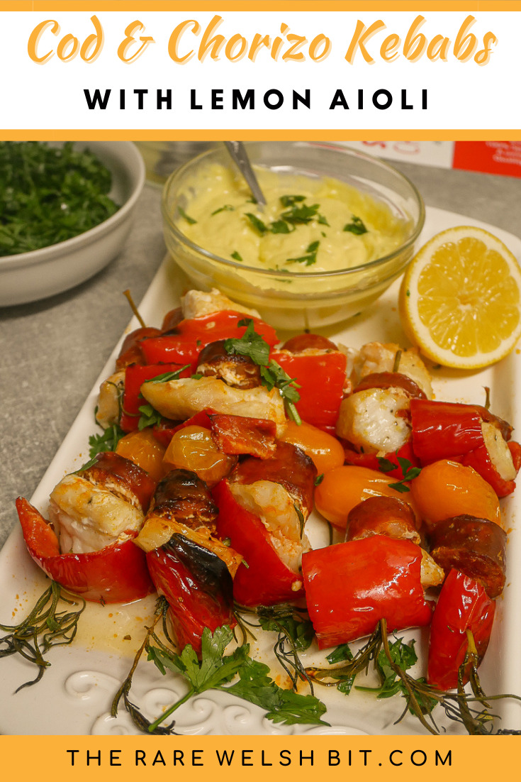 Cod & chorizo kebab skewers with garlic aioli and fresh lemon